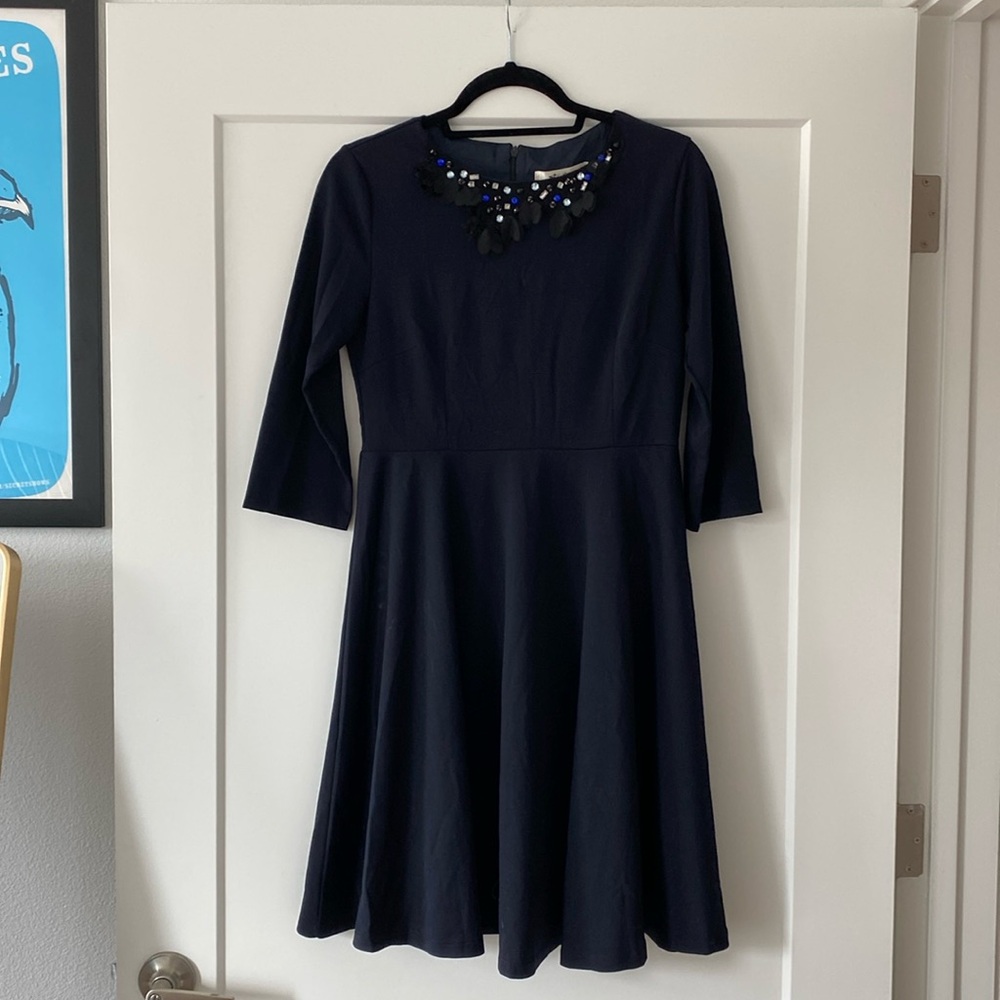 Dark navy party dress with jeweled neckline